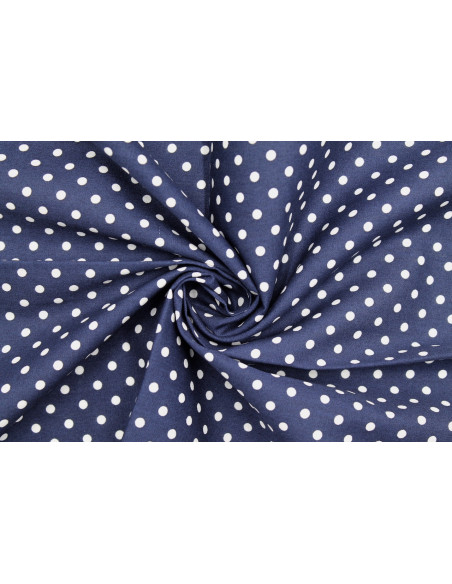 Tissu Popeline Coton Imprimé Fond Marine Petit Pois Blanc -Au Mètre