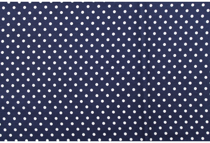 Tissu Popeline Coton Imprimé Fond Marine Petit Pois Blanc -Au Mètre