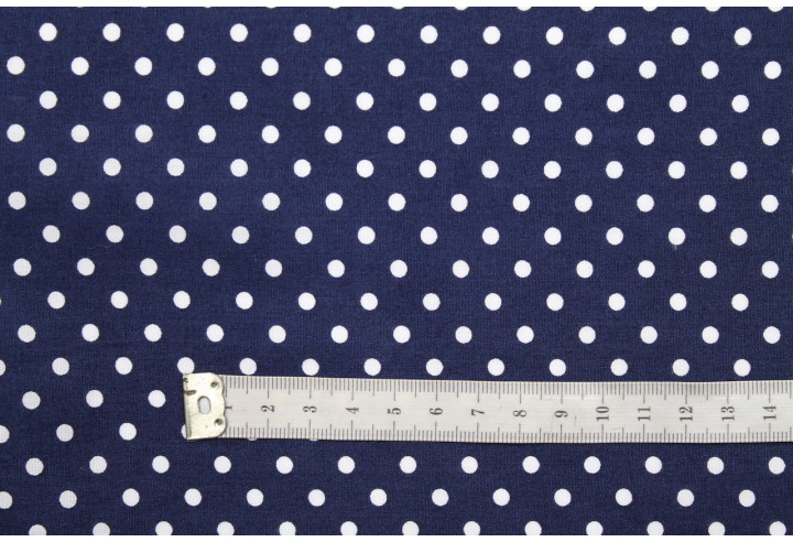 Tissu Popeline Coton Imprimé Fond Marine Petit Pois Blanc -Au Mètre