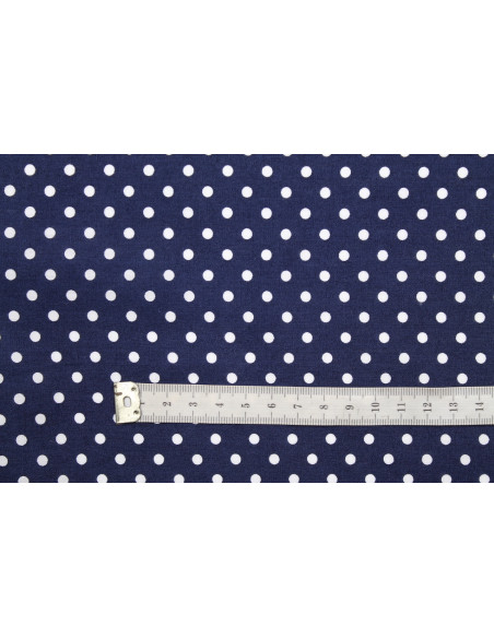 Tissu Popeline Coton Imprimé Fond Marine Petit Pois Blanc -Au Mètre