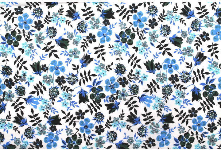 Tissu Popeline Coton Imprimé Fleur Zoé Bleu -Au Mètre