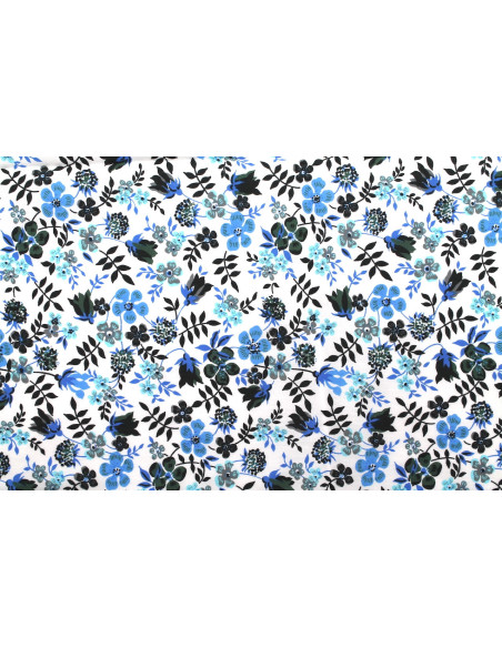 Tissu Popeline Coton Imprimé Fleur Zoé Bleu -Au Mètre