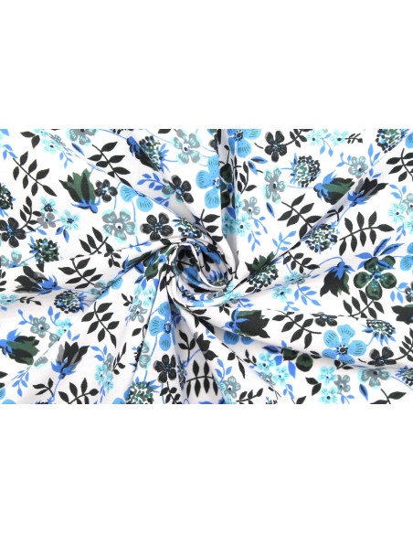 Tissu Popeline Coton Imprimé Fleur Zoé Bleu -Au Mètre