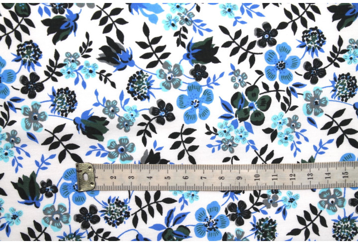 Tissu Popeline Coton Imprimé Fleur Zoé Bleu -Au Mètre
