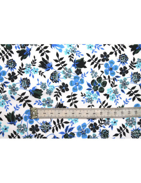 Tissu Popeline Coton Imprimé Fleur Zoé Bleu -Au Mètre
