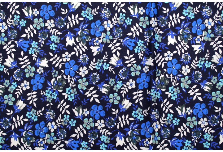Tissu Popeline Coton Imprimé Fleur Zoé Marine -Au Mètre