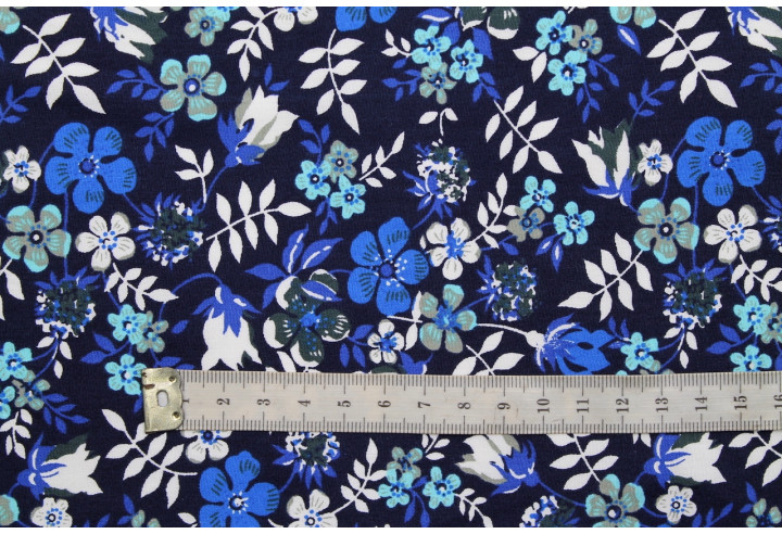 Tissu Popeline Coton Imprimé Fleur Zoé Marine -Au Mètre