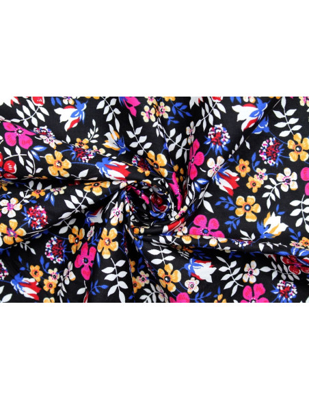Tissu Popeline Coton Imprimé Fleur Zoé Noir -Au Mètre