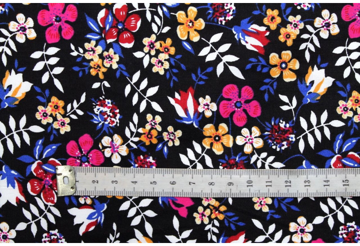 Tissu Popeline Coton Imprimé Fleur Zoé Noir -Au Mètre