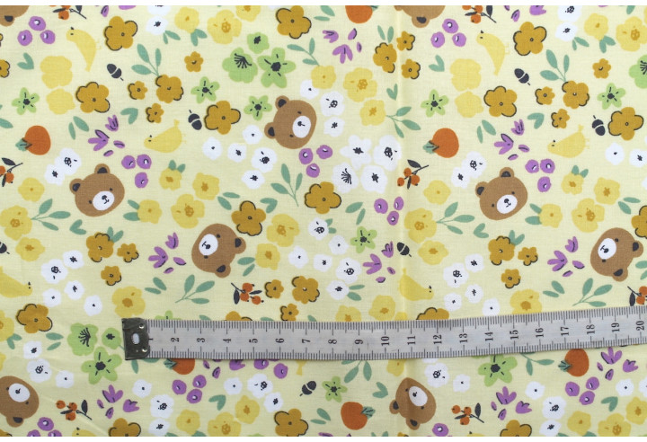 Tissu Popeline Coton Imprimé Ourson Beige -Au Mètre