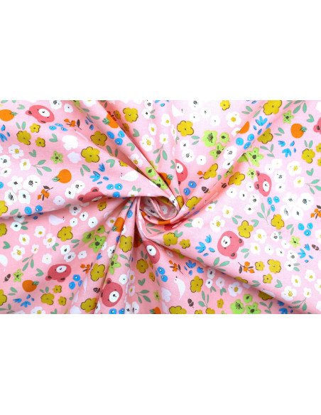 Tissu Popeline Coton Imprimé Ourson Rose -Au Mètre