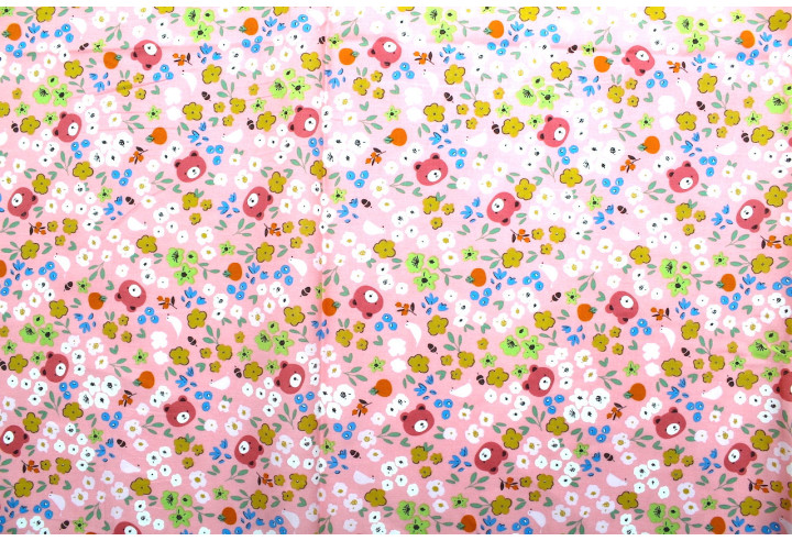 Tissu Popeline Coton Imprimé Ourson Rose -Au Mètre