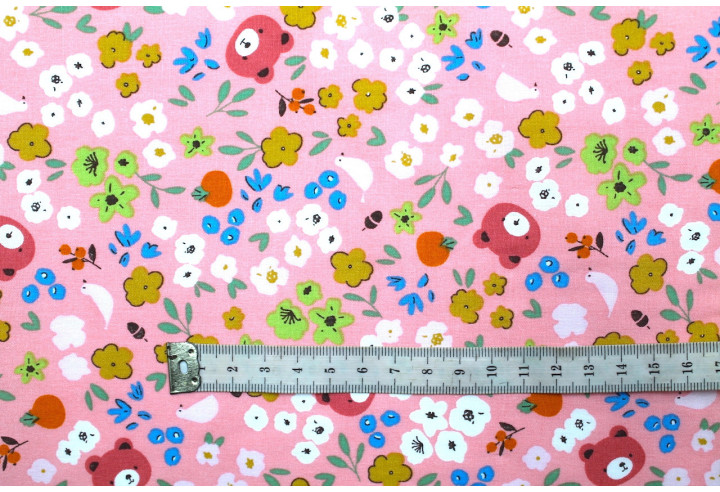 Tissu Popeline Coton Imprimé Ourson Rose -Au Mètre