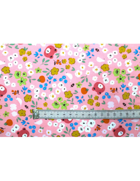 Tissu Popeline Coton Imprimé Ourson Rose -Au Mètre