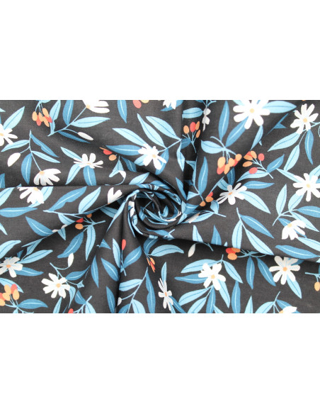 Tissu Popeline Coton Imprimé Fleur Amélie Noir -Au Mètre