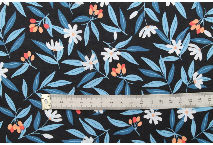 Tissu Popeline Coton Imprimé Fleur Amélie Noir -Au Mètre