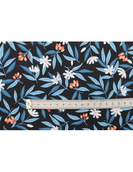 Tissu Popeline Coton Imprimé Fleur Amélie Noir -Au Mètre