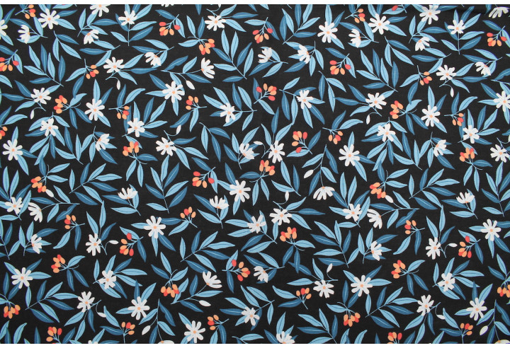 Tissu Popeline Coton Imprimé Fleur Amélie Noir -Au Mètre