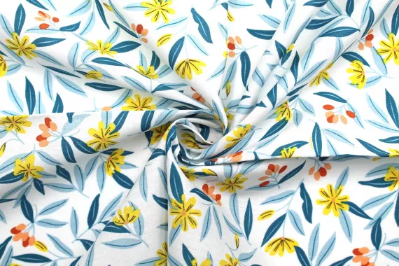 Tissu Popeline Coton Imprimé Fleur Amélie Blanc -Au Mètre