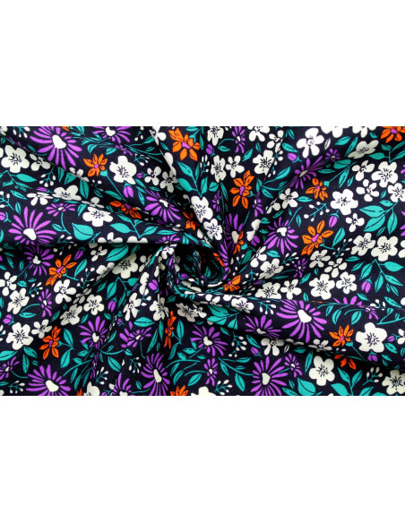 Tissu Popeline Coton Imprimé Fleur Solaria Noir -Au Mètre
