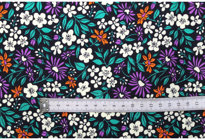 Tissu Popeline Coton Imprimé Fleur Solaria Noir -Au Mètre