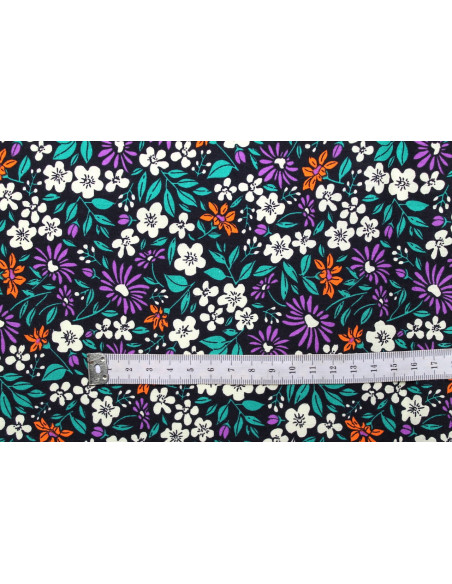 Tissu Popeline Coton Imprimé Fleur Solaria Noir -Au Mètre