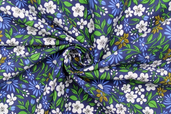 Tissu Popeline Coton Imprimé Fleur Solaria Marine -Au Mètre