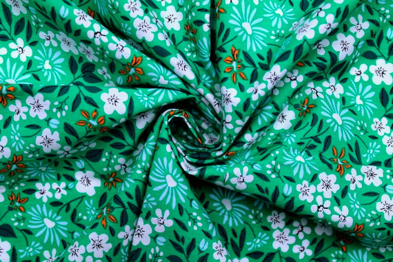 Tissu Popeline Coton Imprimé Fleur Solaria Vert -Au Mètre