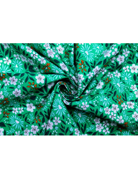 Tissu Popeline Coton Imprimé Fleur Solaria Vert -Au Mètre