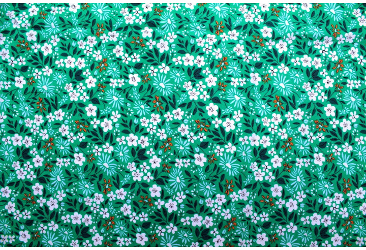 Tissu Popeline Coton Imprimé Fleur Solaria Vert -Au Mètre