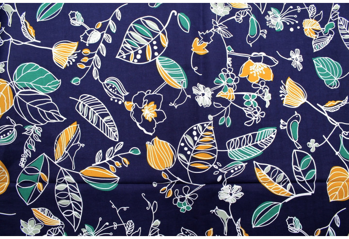 Tissu Popeline Coton Imprimé Season Marine -Au Mètre