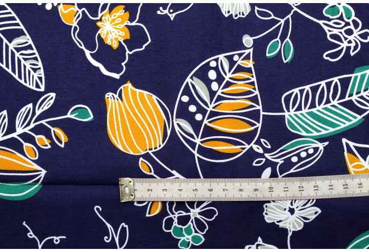 Tissu Popeline Coton Imprimé Season Marine -Au Mètre
