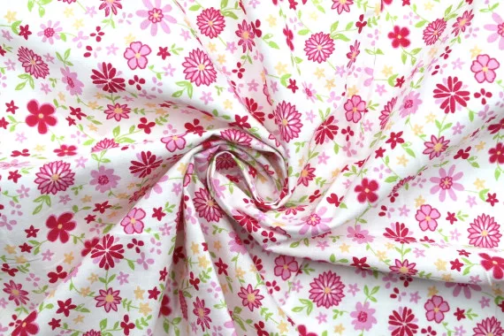 Tissu Popeline Coton Imprimé Fleur Rosace Rose -Au Mètre