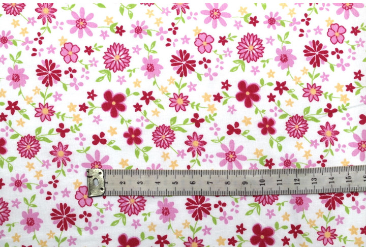 Tissu Popeline Coton Imprimé Fleur Rosace Rose -Au Mètre