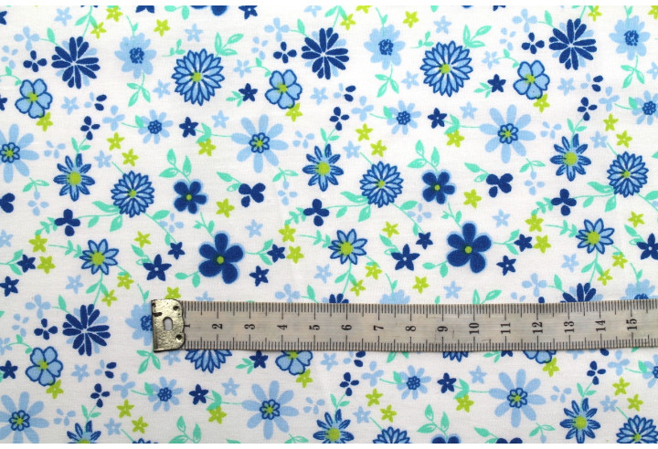 Tissu Popeline Coton Imprimé Fleur Rosace Bleu -Au Mètre