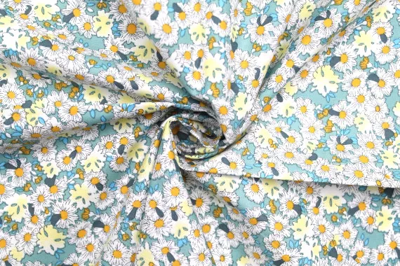 Tissu Popeline Coton Imprimé Fleur Tina Bleu -Au Mètre