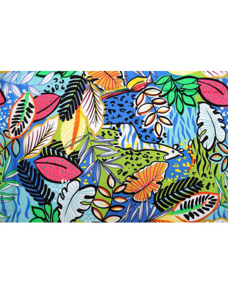 Tissu Popeline Coton Imprimé Jungle Bleu -Au Mètre