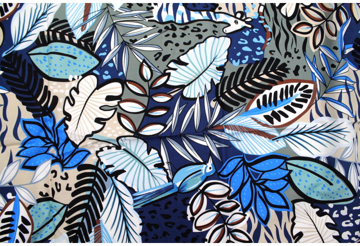 Tissu Popeline Coton Imprimé Jungle Marine -Au Mètre