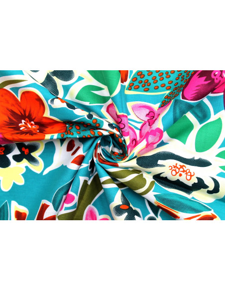 Tissu Popeline Coton Imprimé Fleur Rosaria Turquoise -Au Mètre