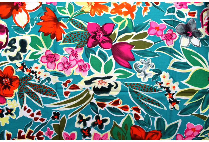 Tissu Popeline Coton Imprimé Fleur Rosaria Turquoise -Au Mètre