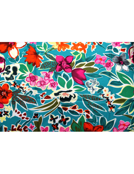 Tissu Popeline Coton Imprimé Fleur Rosaria Turquoise -Au Mètre