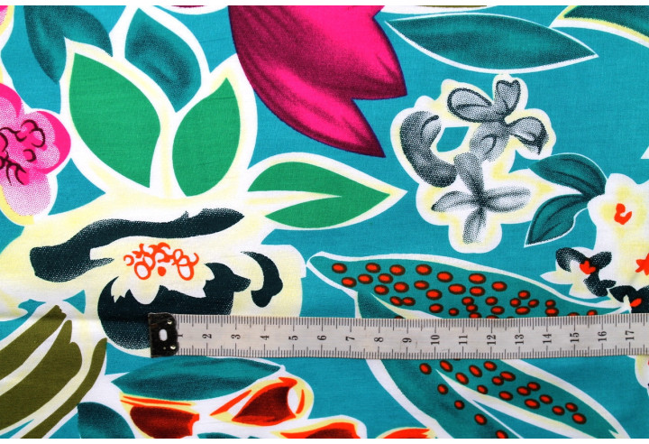 Tissu Popeline Coton Imprimé Fleur Rosaria Turquoise -Au Mètre