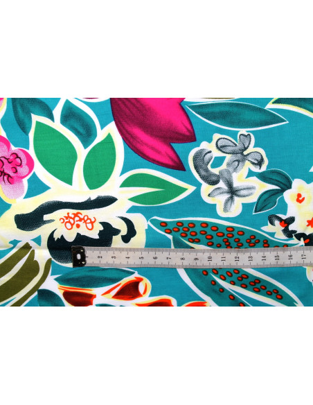 Tissu Popeline Coton Imprimé Fleur Rosaria Turquoise -Au Mètre