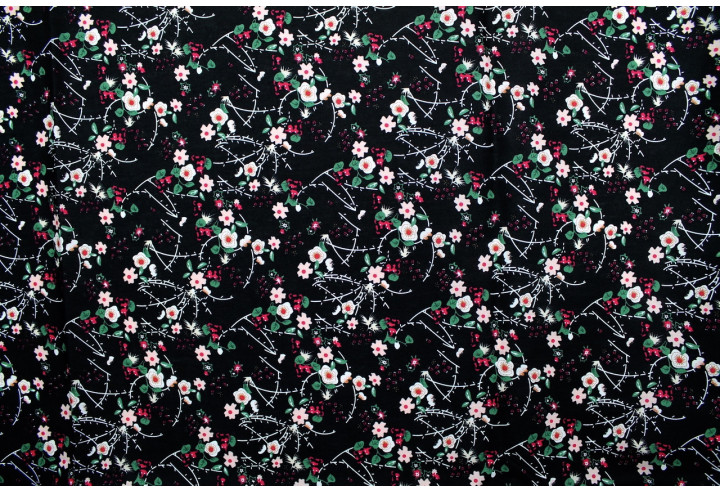 Tissu Popeline Coton Imprimé Fleur Nina Noir -Au Mètre