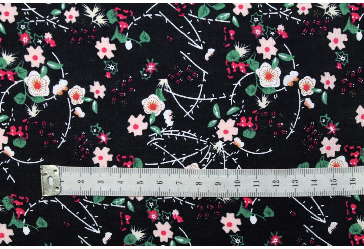 Tissu Popeline Coton Imprimé Fleur Nina Noir -Au Mètre
