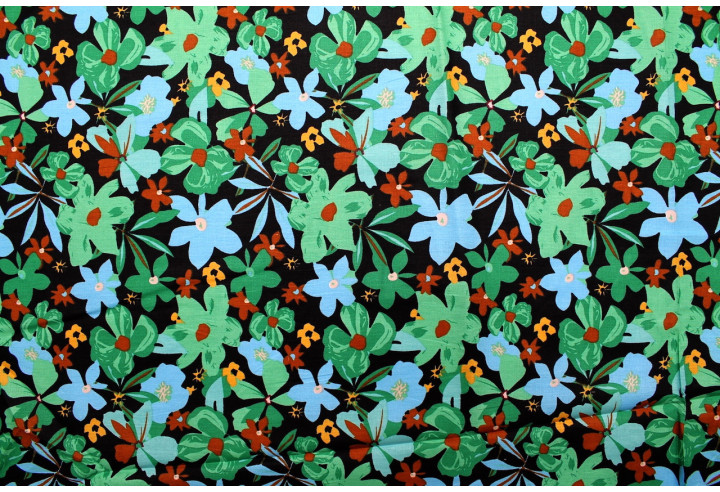 Tissu Popeline Coton Imprimé Fleur Stella Noir -Au Mètre