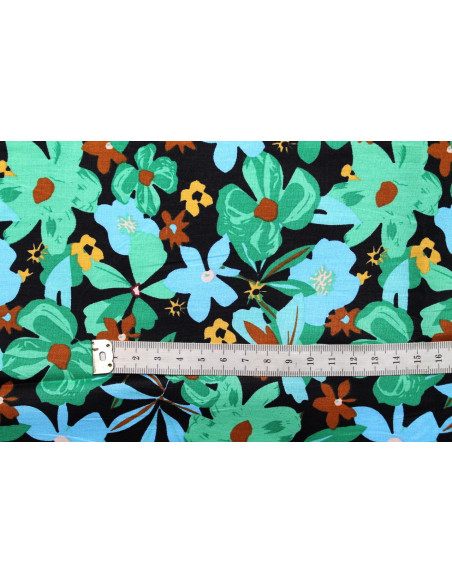 Tissu Popeline Coton Imprimé Fleur Stella Noir -Au Mètre