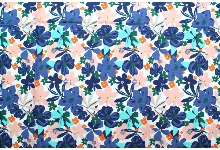 Tissu Popeline Coton Imprimé Fleur Stella Marine -Au Mètre