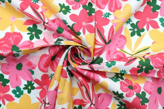 Tissu Popeline Coton Imprimé Fleur Stella Rose -Au Mètre