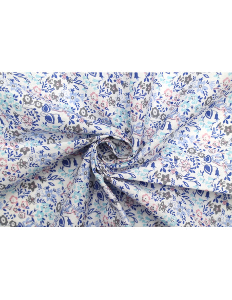 Tissu Popeline Coton Imprimé Fleur Céline Bleu -Au Mètre